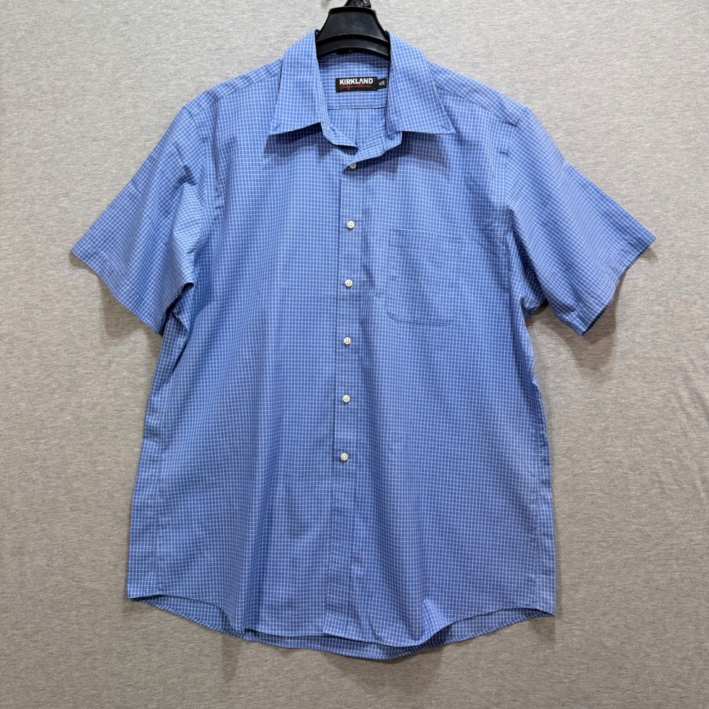 Kirkland Signature Button Down Mens XL Blue Check Non-Iron Short Sleeve Shirt